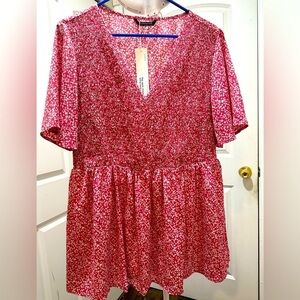 BloomChic Plus Size Ditsy Floral Shirred Ruffle Sleeve Elastic Waist Blouse